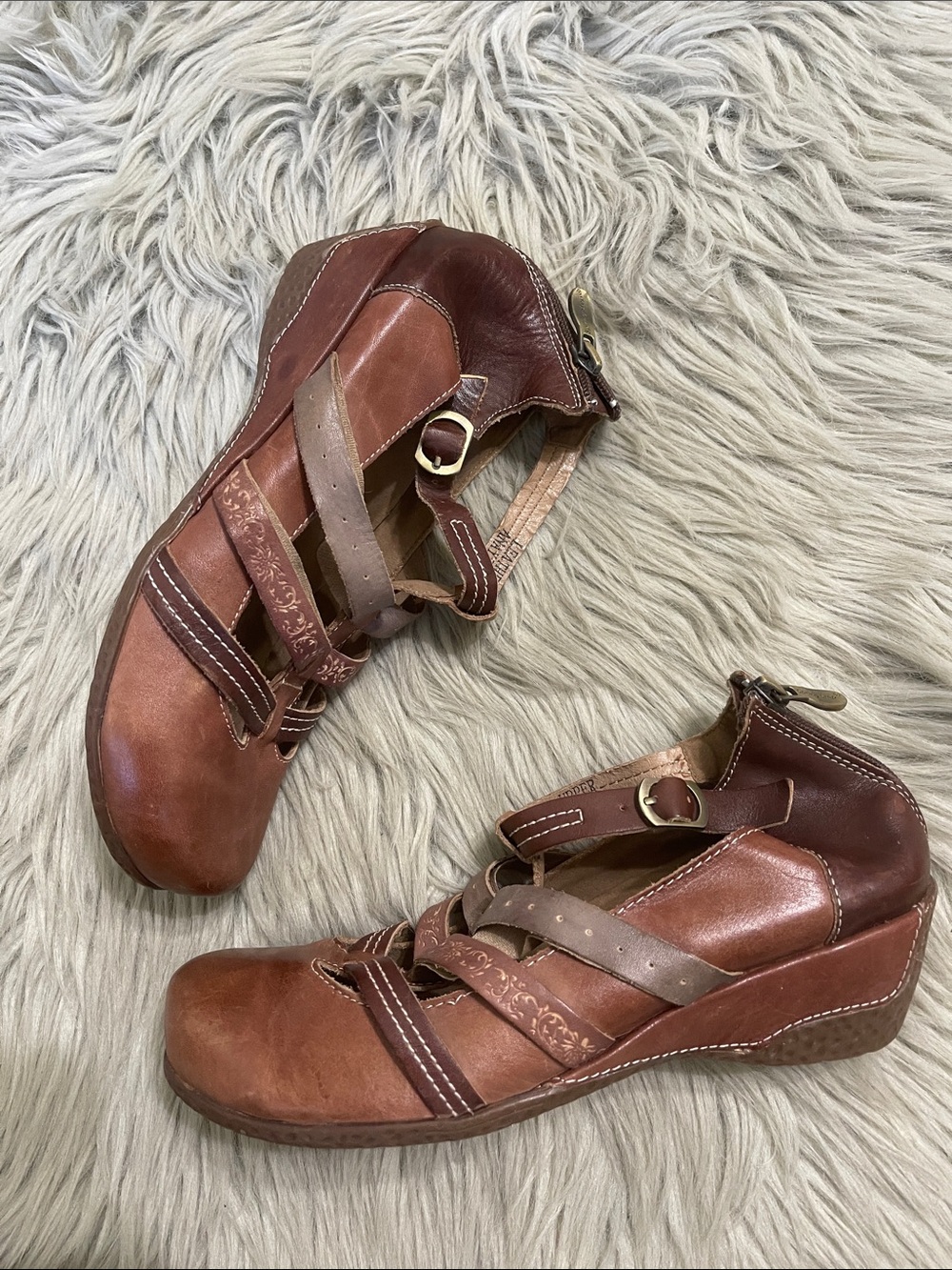 Women's Brown Strappy Leather Wedge Mules